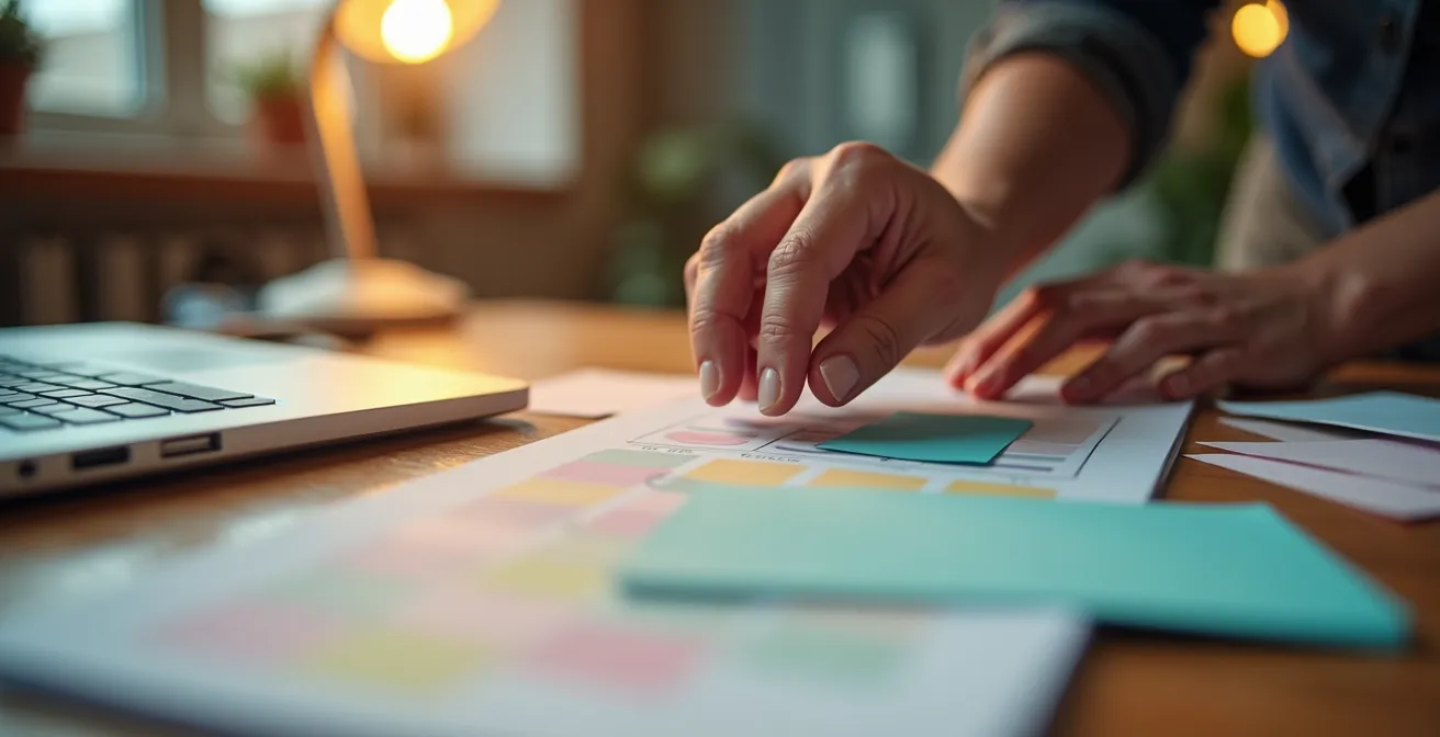 Plan macro sur des mains organisant méthodiquement des documents de planification avec éléments de calendrier