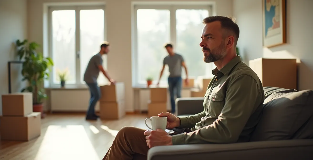 Personne détendue observant sereinement des professionnels travailler en arrière-plan