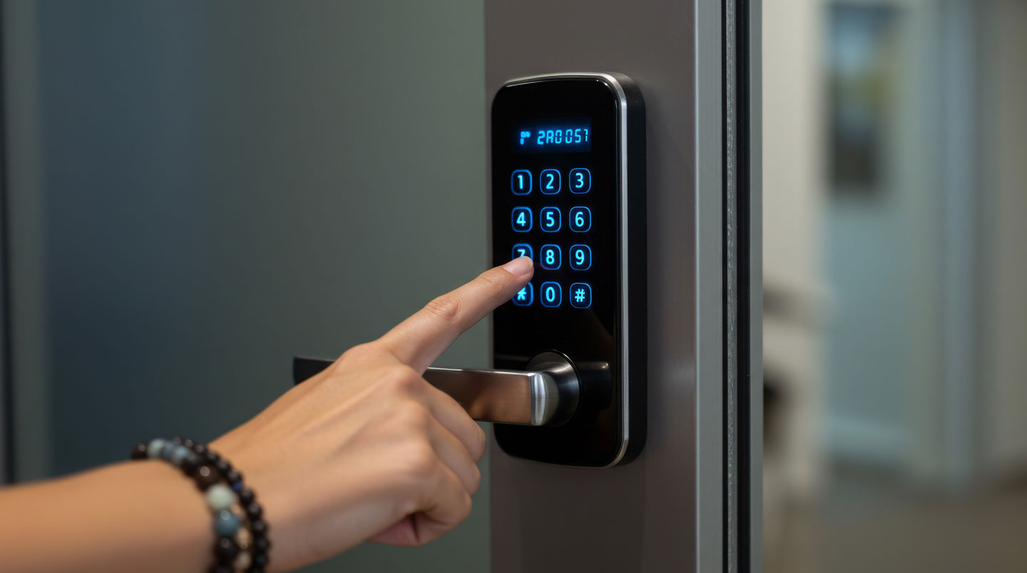 Gros plan sur un badge électronique d'accès noir posé sur un clavier de code sécurisé moderne, avec arrière-plan flouté d'un portail métallique contemporain
