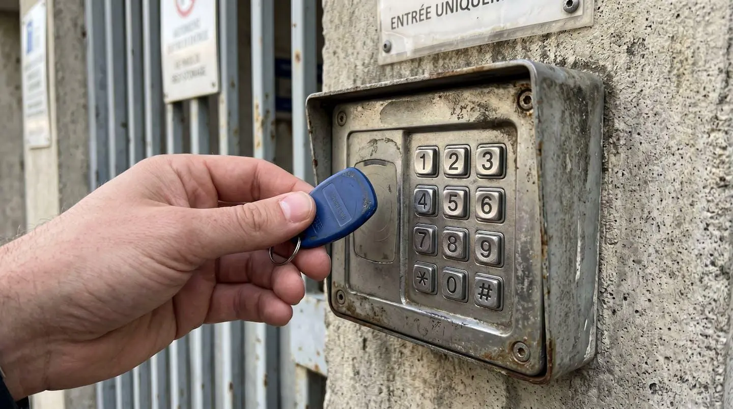 Gros plan sur un badge électronique d'accès noir posé sur un clavier de code sécurisé moderne, avec arrière-plan flouté d'un portail métallique contemporain