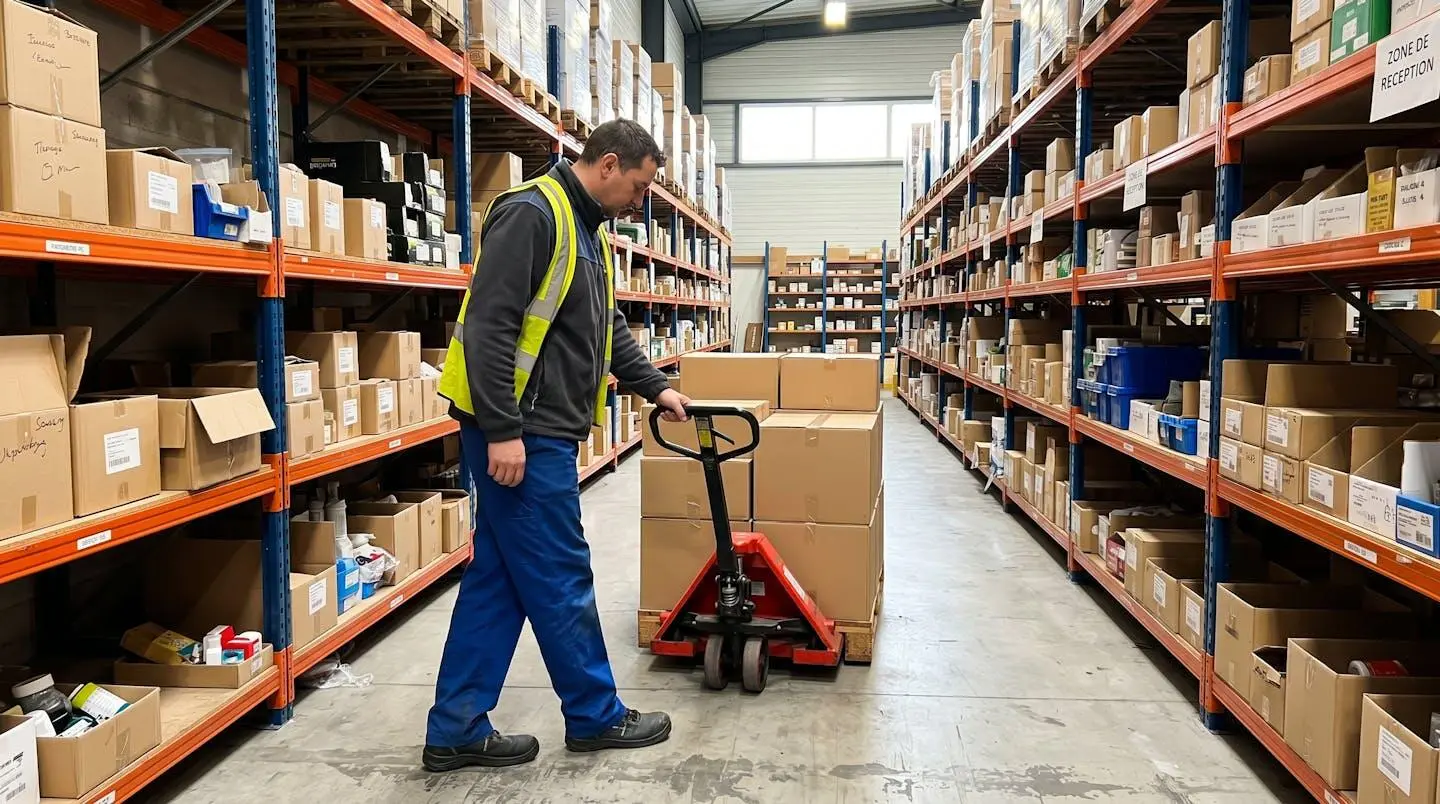 Homme en vêtements de travail contemporains manipulant un tire-palette manuel rouge dans un entrepôt lumineux, vu de profil sans regarder la caméra