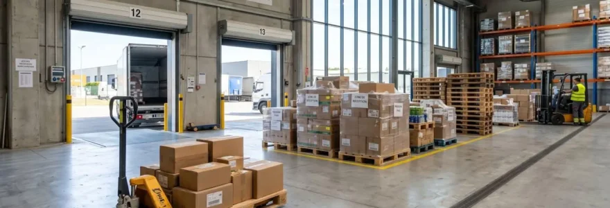 Quai de réception industriel moderne avec palettes organisées, tire-palette jaune visible au premier plan, lumière naturelle traversant de grandes baies vitrées