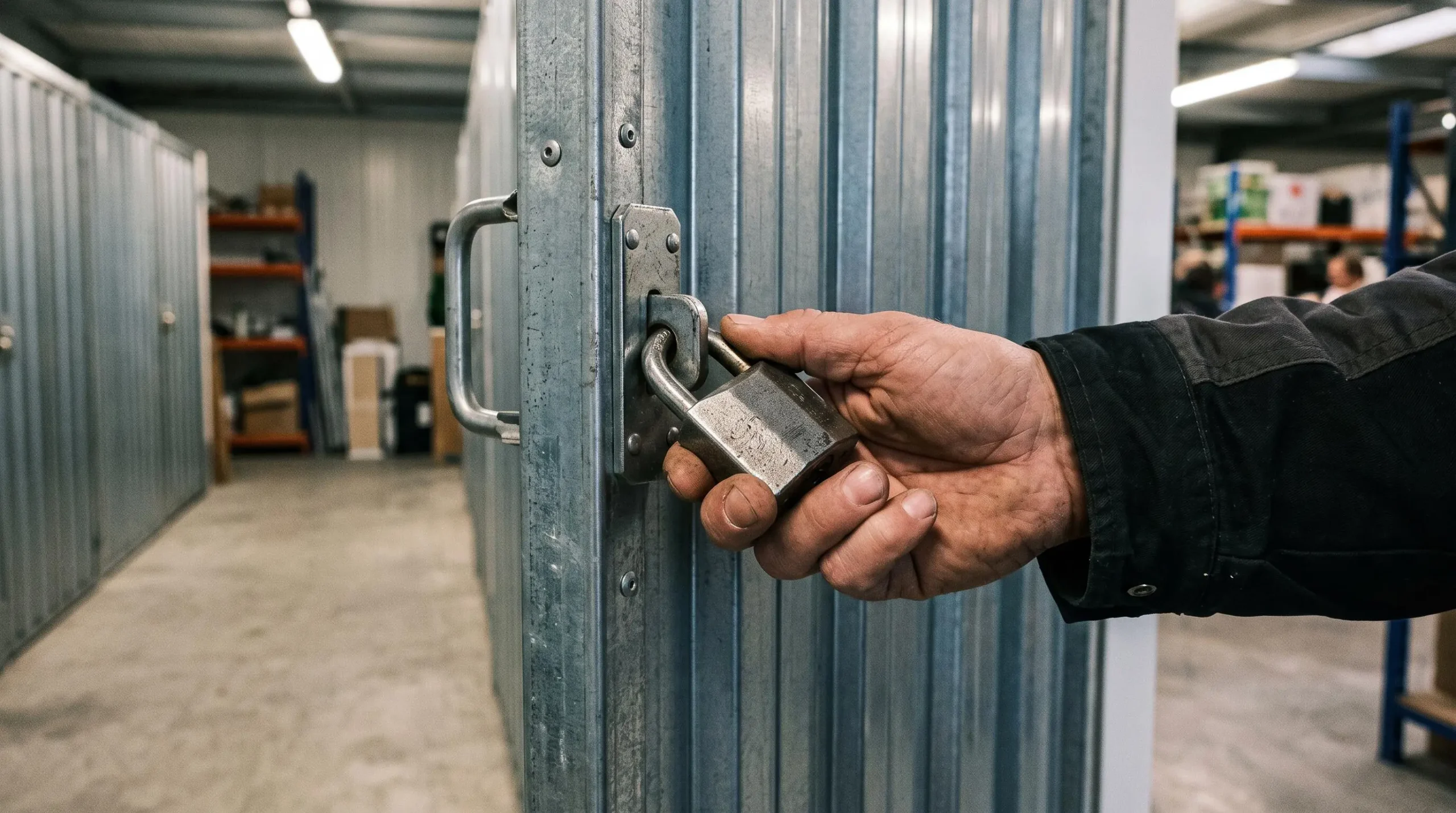 Main fermant un cadenas de sécurité sur la porte métallique d'un box de garde-meuble