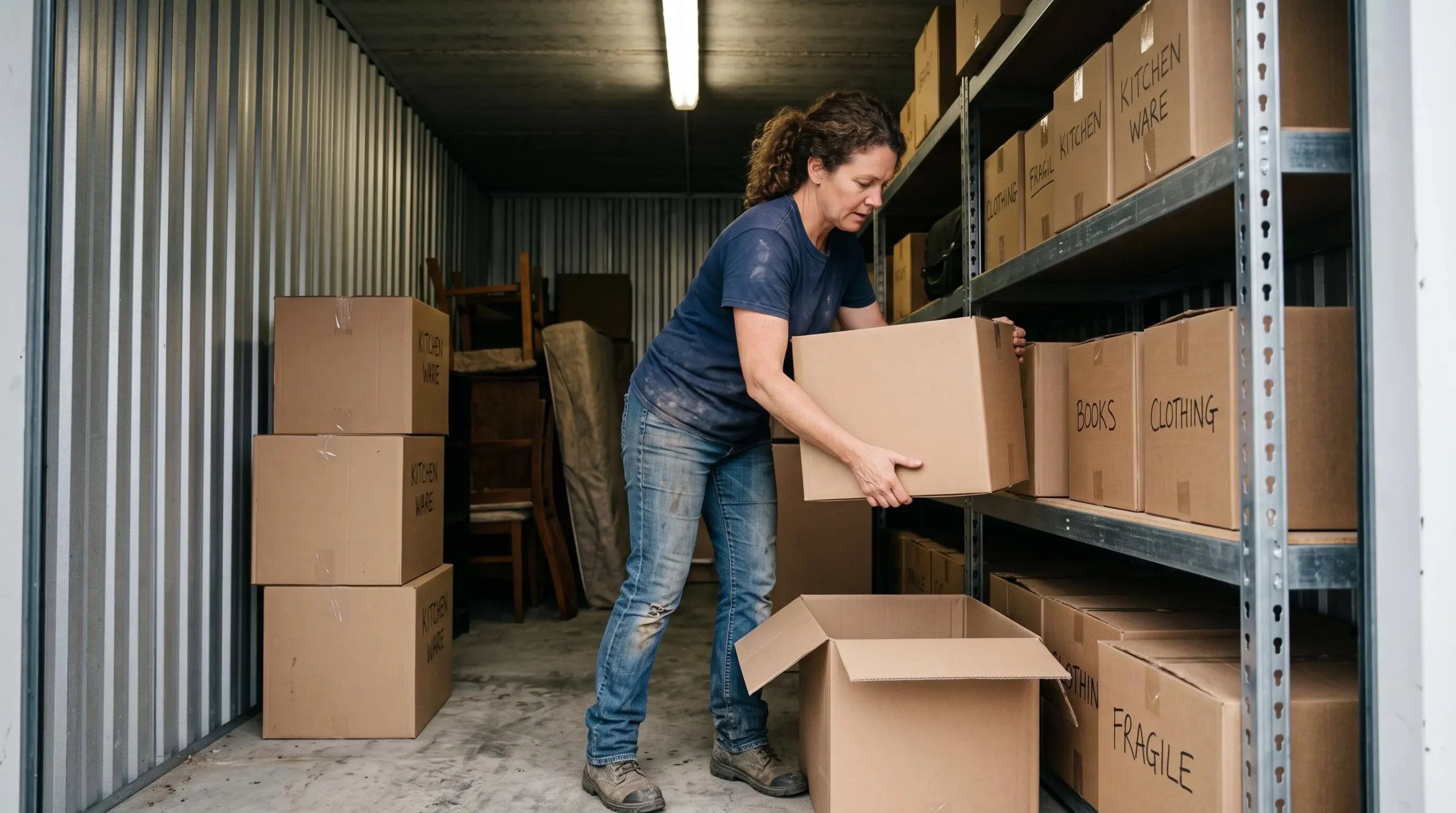 Personne rangeant des cartons sur des étagères métalliques à l'intérieur d'un box de stockage