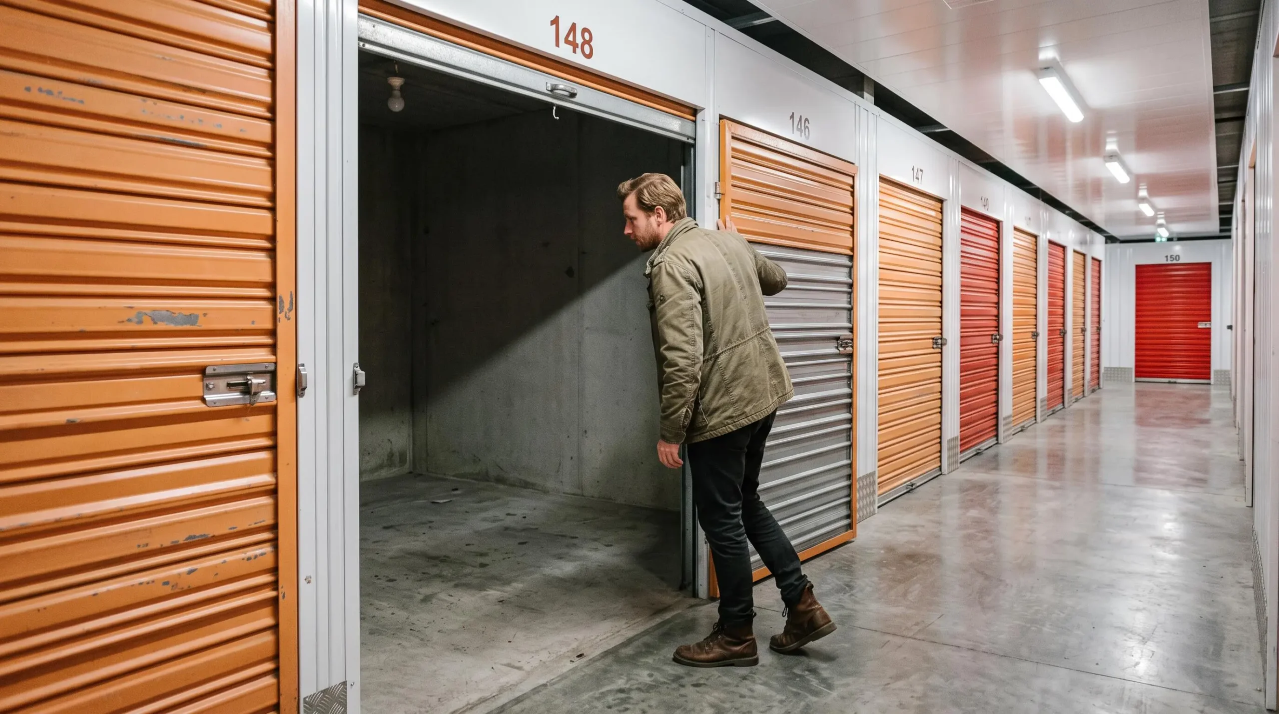 Client inspectant un box de stockage ouvert dans le couloir d'une installation de garde-meuble à Valenciennes